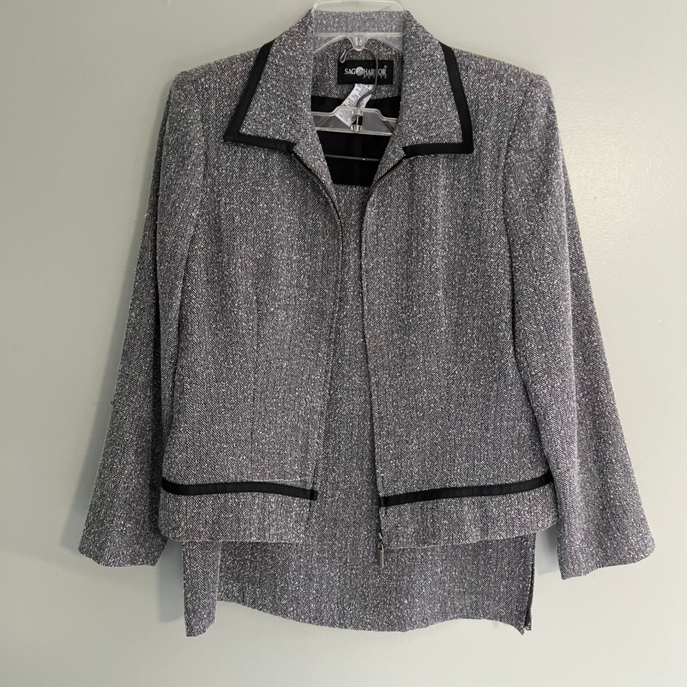 Sag Harbor Herringbone Zip Jacket Skirt Suit 8P 90s Preppy dark academia corp